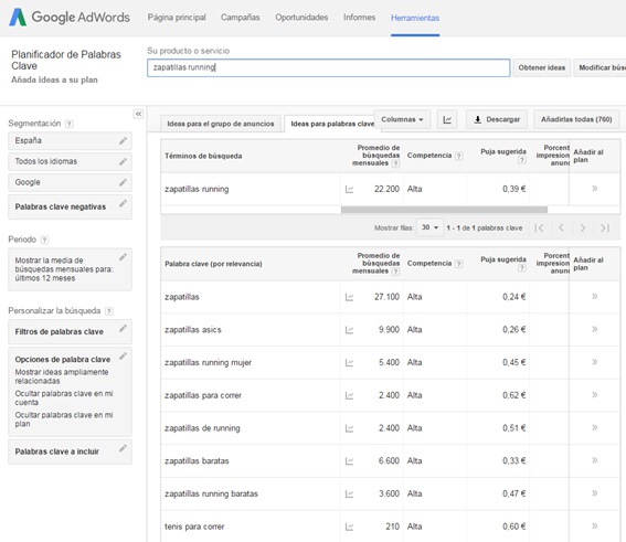 Planificador palabras clave Adwords